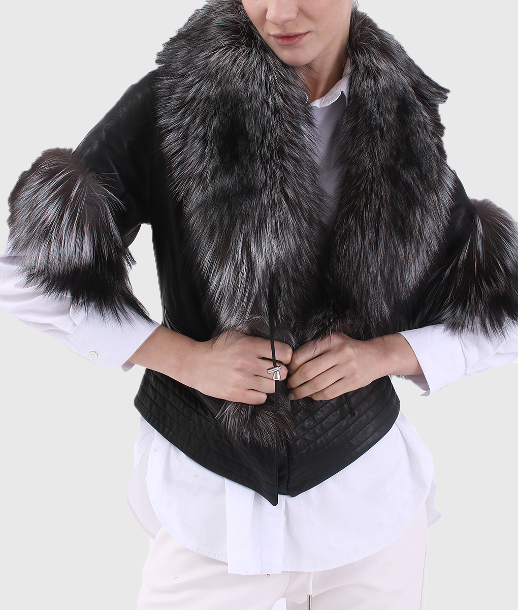 Noreen Women's Black Real Fox Fur Trim Jacket - Black Real Fox Fur Trim Jacket For Women - Front Closer View