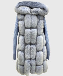 Nyssa Women's Blue Real Fox Fur Hooded Coat - Blue Real Fox Fur Hooded Coat For Women - Front View