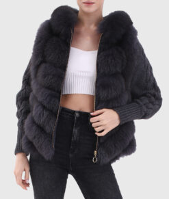 Odalys Women's Black Hooded Real Fox Fur Jacket - Black Hooded Real Fox Fur Jacket For Women - Open Front View