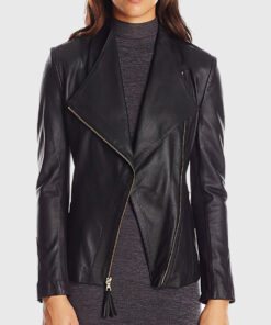 Olivia Black Double Rider Biker Leather Jacket - Front View