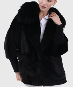 Ondine Women's Black Real Fox Fur Jacket - Black Real Fox Fur Jacket For Women - Front Open View
