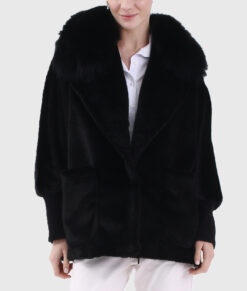 Ondine Women's Black Real Fox Fur Jacket - Black Real Fox Fur Jacket For Women - Front View