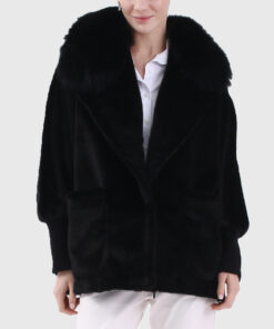 Ondine Women's Black Real Fox Fur Jacket - Black Real Fox Fur Jacket For Women - Front View