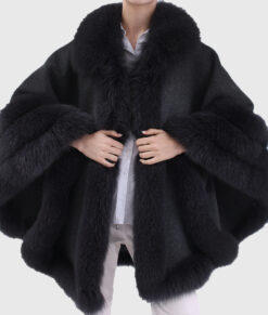 Quiana Women's Black Real Alpaca Fur Cape - Black Real Alpaca Fur Cape For Women - Front Open View