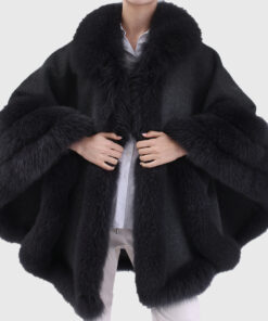 Quiana Women's Black Real Alpaca Fur Cape - Black Real Alpaca Fur Cape For Women - Front Open View