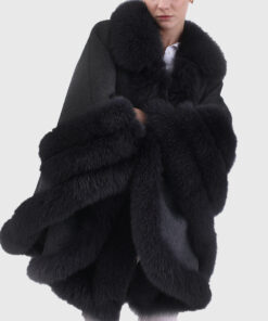 Quiana Women's Black Real Alpaca Fur Cape - Black Real Alpaca Fur Cape For Women - Front Close View