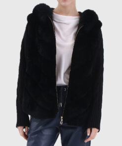 Quinlan Women's Black Hooded Real Rex Rabbit Fur Jacket - Black Hooded Real Rex Rabbit Fur Jacket For women - Open Front View
