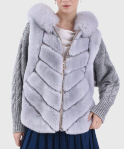 Quinlan Women's Blue Hooded Real Rex Rabbit Fur Jacket - Blue Hooded Real Rex Rabbit Fur Jacket For Women - Front Open View