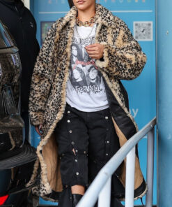 Rihanna Leopard Print Faux Fur Coat - Rihanna Leopard Print Faux Fur Coat - Front View