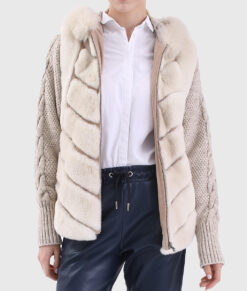 Rosalind Women's White Hooded Real Rex Rabbit Fur Jacket - White Hooded Real Rex Rabbit Fur Jacket For Women - Open Front View