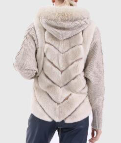 Rosalind Women's White Hooded Real Rex Rabbit Fur Jacket - White Hooded Real Rex Rabbit Fur Jacket For Women - Back View