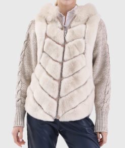 Rosalind Women's White Hooded Real Rex Rabbit Fur Jacket - White Hooded Real Rex Rabbit Fur Jacket For Women - Close Front View