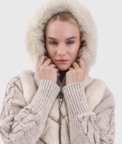 Rosalind Women's White Hooded Real Rex Rabbit Fur Jacket - White Hooded Real Rex Rabbit Fur Jacket For Women - Hooded View