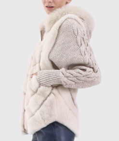 Rosalind Women's White Hooded Real Rex Rabbit Fur Jacket - White Hooded Real Rex Rabbit Fur Jacket For Women - Side View