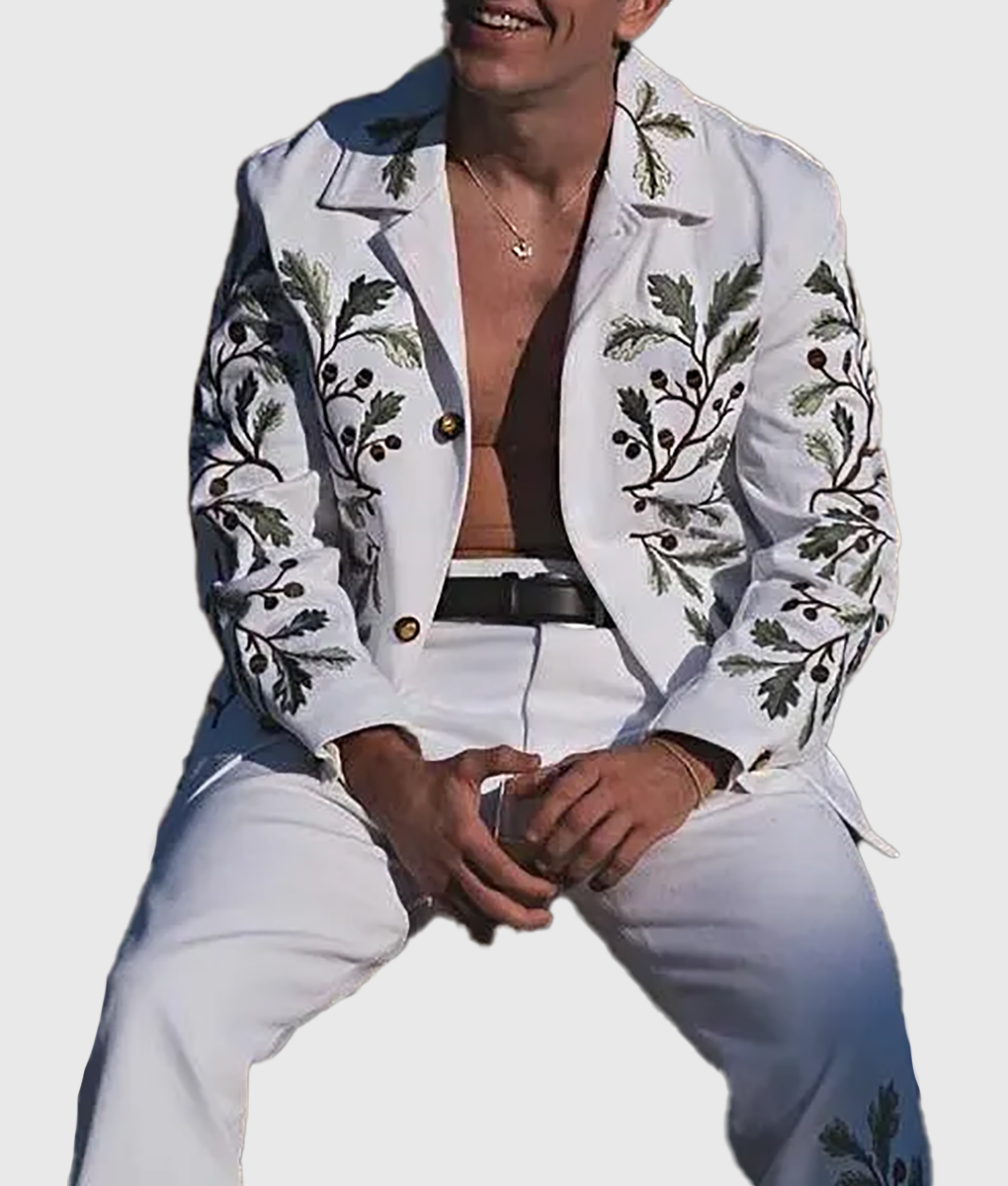 Barry Keoghan Saltburn Oliver Quick Green Leaf Embroidery White Jacket