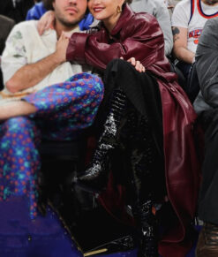 Selena Gomez Maroon Leather Trench Coat - Selena Gomez Knicks Game Leather Trench Coat - Front View2