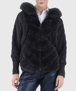 Selene Women's Black Hooded Real Rex Rabbit Fur Jacket - Black Hooded Real Rex Rabbit Fur Jacket For women - Close Front View