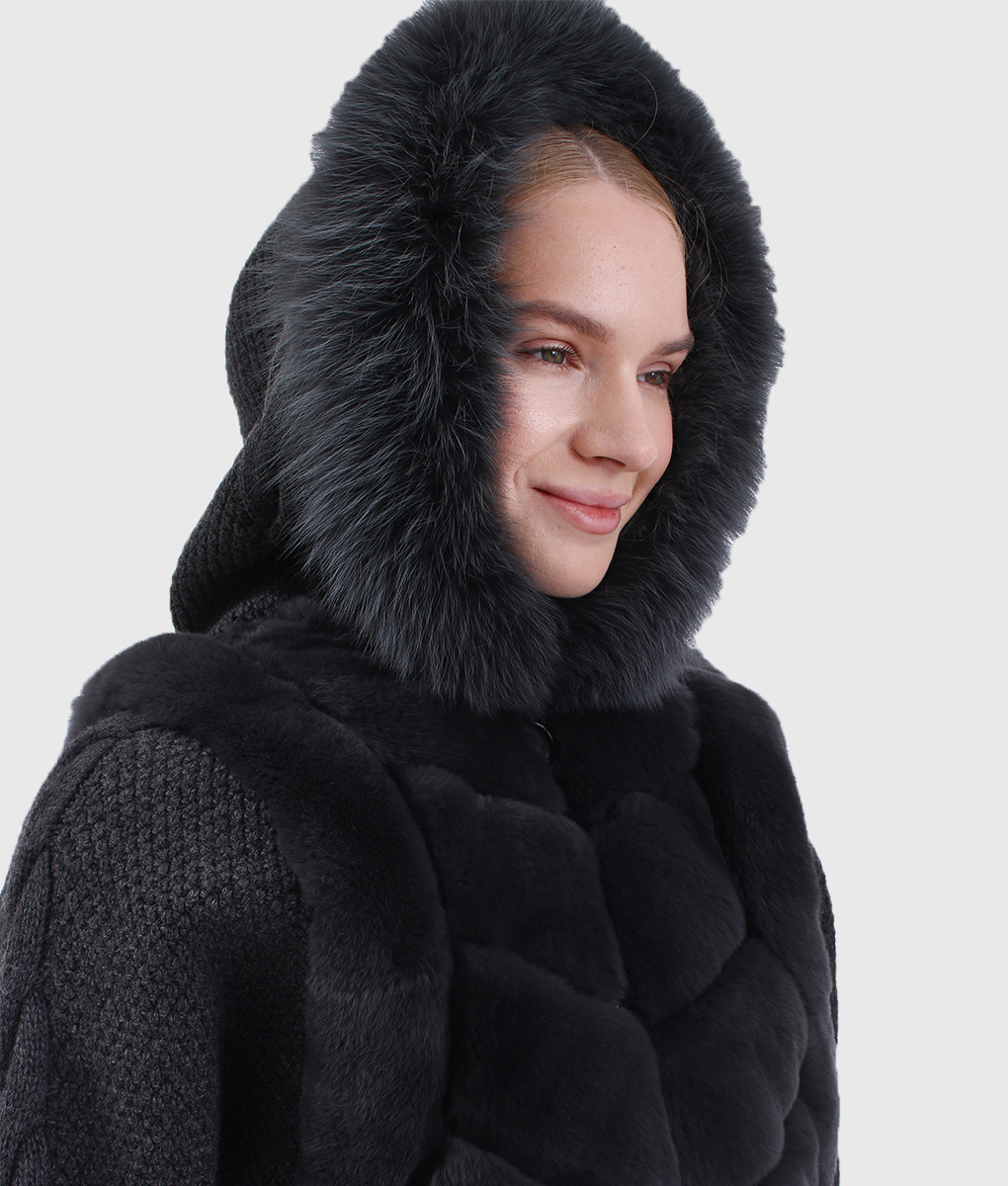 Selene Women's Black Hooded Real Rex Rabbit Fur Jacket | NYC Jackets