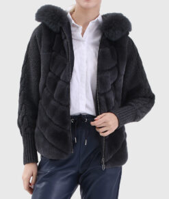 Selene Women's Black Hooded Real Rex Rabbit Fur Jacket - Black Hooded Real Rex Rabbit Fur Jacket For women - Open Front View