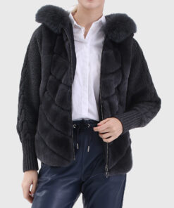 Selene Women's Black Hooded Real Rex Rabbit Fur Jacket - Black Hooded Real Rex Rabbit Fur Jacket For women - Open Front View