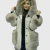 Seraphina Women's Hooded Grey Real Rex Rabbit Coat - Hooded Grey Real Rex Rabbit Coat For Women - Front Hood View