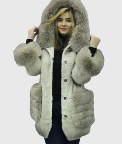 Seraphina Women's Hooded Grey Real Rex Rabbit Coat - Hooded Grey Real Rex Rabbit Coat For Women - Front Hood View