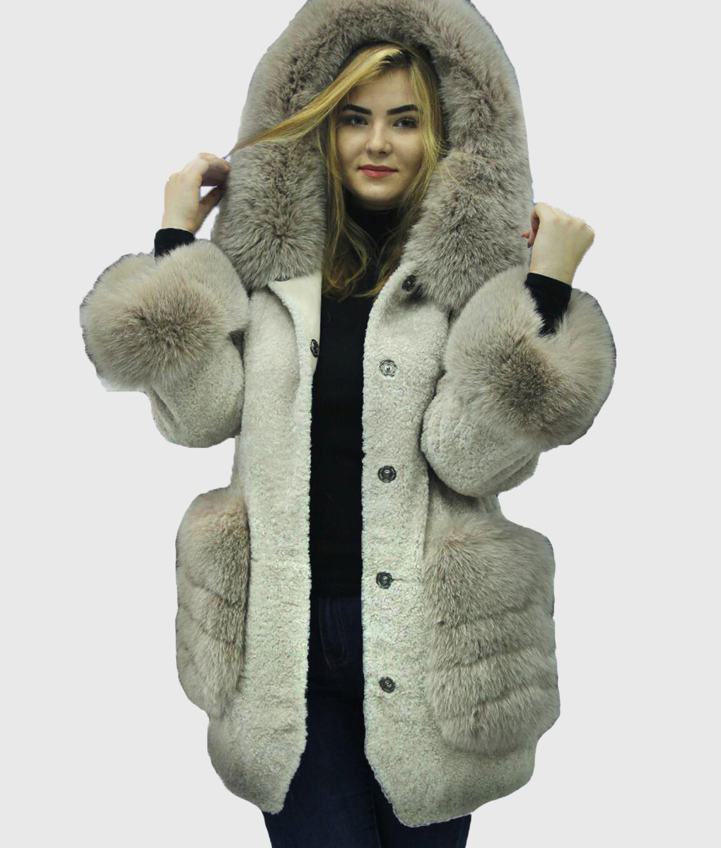 Seraphina Women's Hooded Grey Real Rex Rabbit Coat - Hooded Grey Real Rex Rabbit Coat For Women - Front Hood View