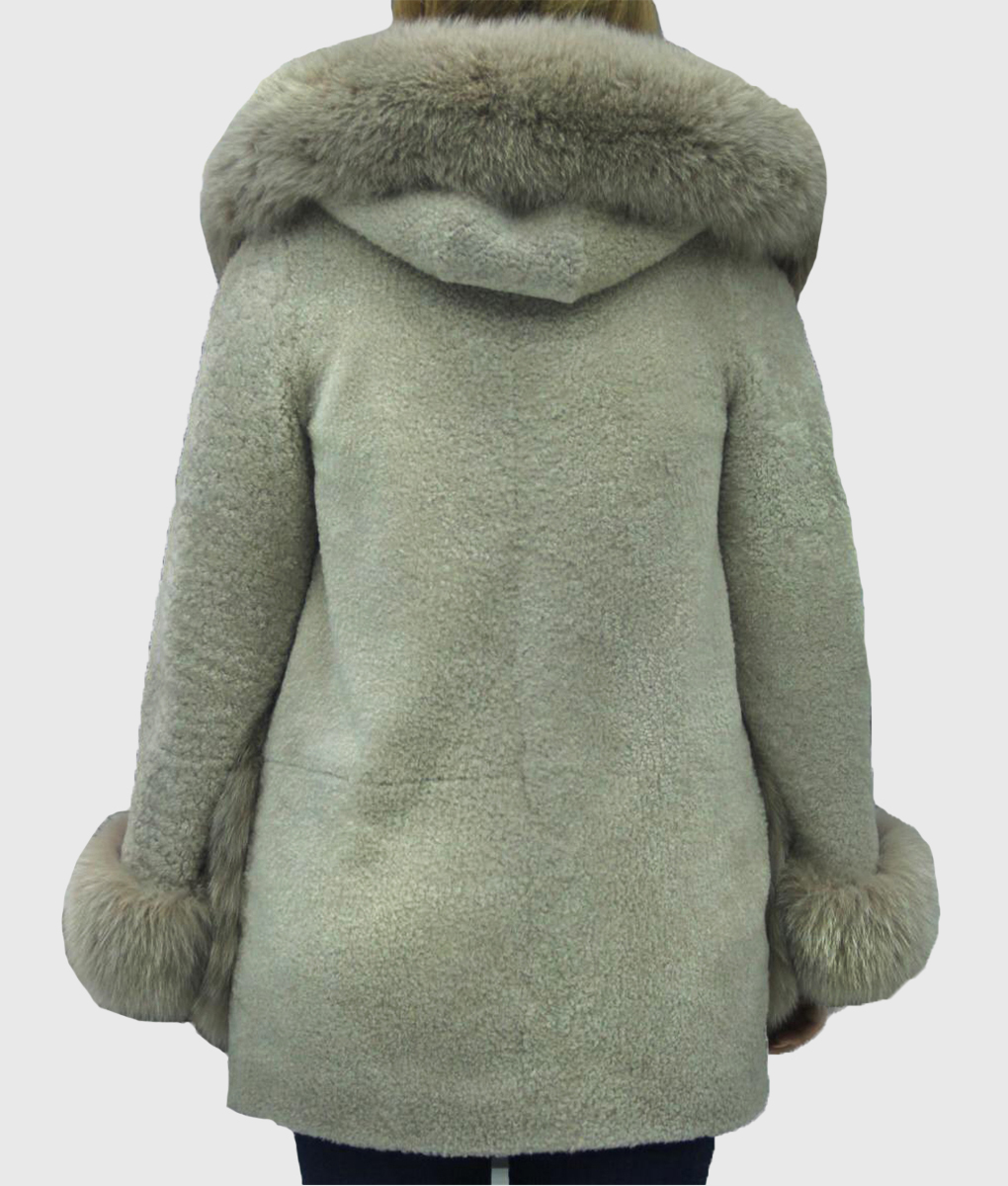 Seraphina Women's Hooded Grey Real Rex Rabbit Coat - Hooded Grey Real Rex Rabbit Coat For Women - Back View
