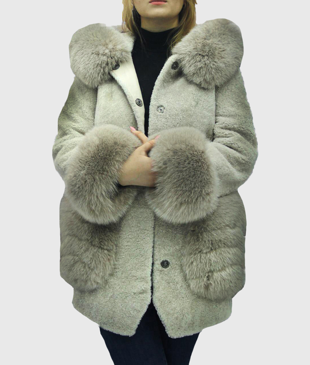 Seraphina Women's Hooded Grey Real Rex Rabbit Coat - Hooded Grey Real Rex Rabbit Coat For Women - Front View