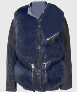 Seren Women's Blue Real Fox Fur Trim Jacket - Blue Real Fox Fur Trim Jacket For Women - Front View