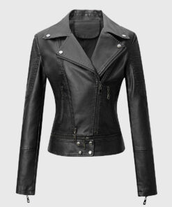 Sophia Black Double Rider Biker Leather Jacket - Front View