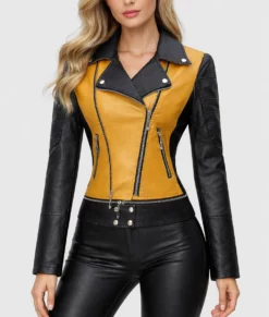 Sophia Yellow Double Rider Biker Leather Jacket-Front