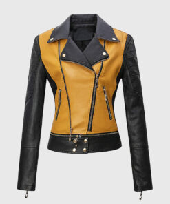 Sophia Yellow Double Rider Biker Leather Jacket - Front View