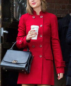 Taylor Swift Mid Length Red Wool Double Breasted Coat - Mid Length Taylor Swift Double Breasted Coat - Front View