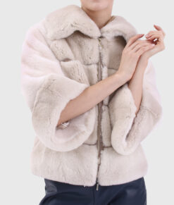 Tessa Women's White Real Rex Rabbit Fur Jacket - White Real Rex Rabbit Fur Jacket For Women - Close Front view