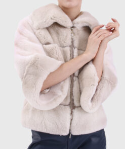 Tessa Women's White Real Rex Rabbit Fur Jacket - White Real Rex Rabbit Fur Jacket For Women - Close Front view