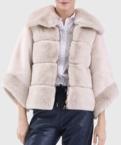 Tessa Women's White Real Rex Rabbit Fur Jacket - White Real Rex Rabbit Fur Jacket For Women - Open Front view