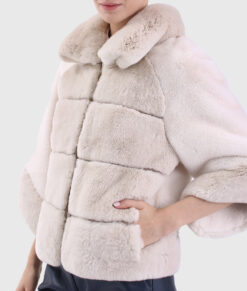Tessa Women's White Real Rex Rabbit Fur Jacket - White Real Rex Rabbit Fur Jacket For Women - Front Side View