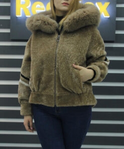 Theodosia Women's Hooded Brown Rex Rabbit Fur Jacket - Hooded Brown Rex Rabbit Fur Jacket For Women - Front View