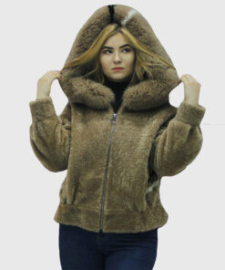 Theodosia Women's Hooded Brown Rex Rabbit Fur Jacket - Hooded Brown Rex Rabbit Fur Jacket For Women - Hood View