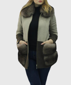 Ulyssa Women's Brown Trim Real Fox Fur Coat - Brown Trim Real Fox Fur Coat For Women - Front View