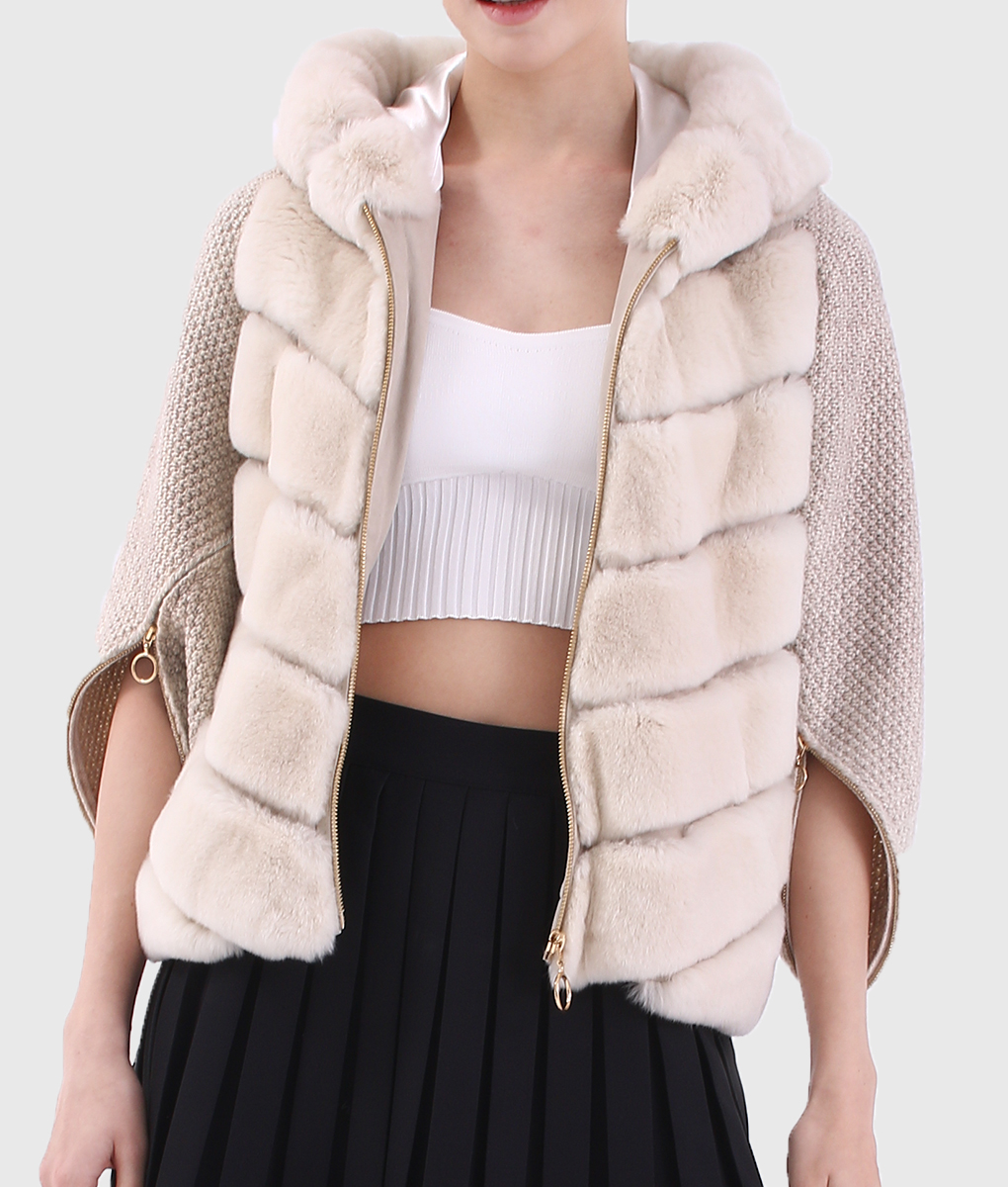 Ursula Women's White Hooded Real Rex Rabbit Fur Jacket NYC Jackets