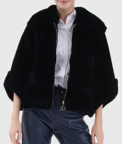 Valencia Women's Black Real Rex Rabbit Fur Jacket - Black Real Rex Rabbit Fur Jacket For Women - Front Open View