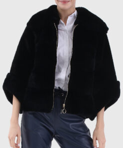 Valencia Women's Black Real Rex Rabbit Fur Jacket - Black Real Rex Rabbit Fur Jacket For Women - Front Open View