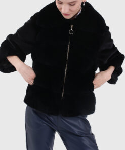 Valencia Women's Black Real Rex Rabbit Fur Jacket - Black Real Rex Rabbit Fur Jacket For Women - Front Close View