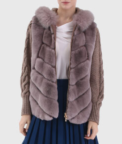 Valencia Women's Brown Hooded Rex Rabbit Fur Jacket - Brown Hooded Rex Rabbit Fur Jacket For Women - Front Open View