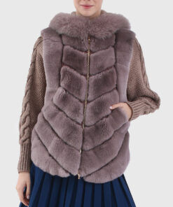 Valencia Women's Brown Hooded Rex Rabbit Fur Jacket - Brown Hooded Rex Rabbit Fur Jacket For Women - Front Close View