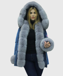 Viola Women's Hooded Blue Real Rex Rabbit Fur Jacket - Hooded Blue Real Rex Rabbit Fur Jacket For women - Front Hood View