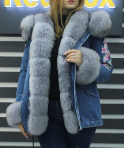 Viola Women's Hooded Blue Real Rex Rabbit Fur Jacket - Hooded Blue Real Rex Rabbit Fur Jacket For women - Front Open View