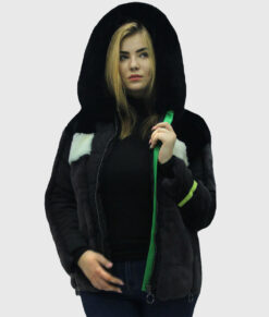 Winifred Women's Black Real MInk Fur Hooded Jacket - Black Real MInk Fur Hooded Jacket For women - Front Hood View